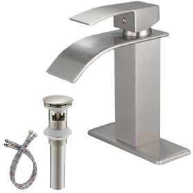 Waterfall Single Hole Single-Handle Low-Arc Bathroom Faucet With Pop-up Drain Assembly in Brushed Nickel (Color: as Pic)